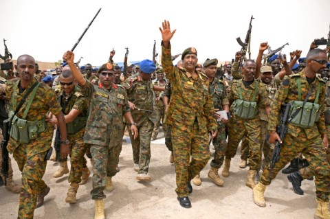Sudanese army chief Abdel Fattah al-Burhan visits the Flamingo Marine Base in Port Sudan on August 28, 2023
