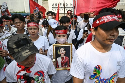 A demonstration outside the UN office in Bangkok on February 1, 2024, to mark the third anniversary of the coup in Myanmar
