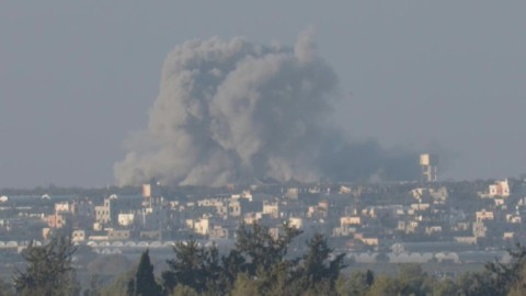 Smoke rises after an explosion in the southern Gaza Strip