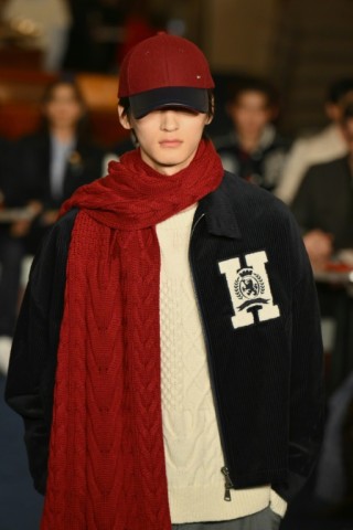Hilfiger showed a strongly campus look set off by book bags, varsity ties and nearly ubiquitous baseball caps