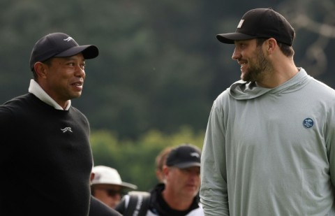 Golf superstar Tiger Woods and Buffalo Bills quarterback Josh Allen chat during the pre-tournament pro-am at the US PGA Tour Genesis Invitational at The Riviera Country Club