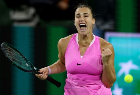 Aryna Sabalenka celebrates her victory over American Peyton Stearns in the second round of the WTA-ATP Indian Wells Masters