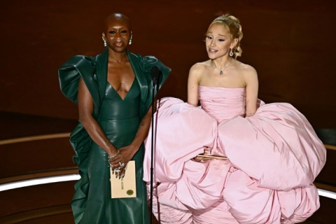 British actress Cynthia Erivo (L) and US singer-songwriter Ariana Grande offered a 'Wicked' fashion moment at the Oscars