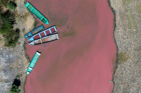 Stranded boats are seen at Lake Cuitzeo in Mexico's Michoacan State