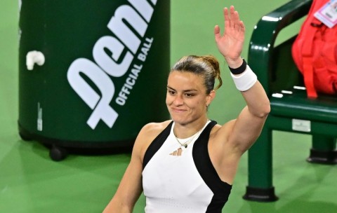 Greece's Maria Sakkari acknowledges fans after beting Coco Gauff to reach the final of the ATP-WTA Indian Wells Masters