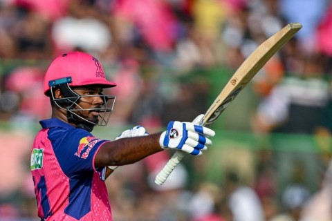 In the runs: Rajasthan Royals' captain Sanju Samson celebrates after scoring a half-century against Lucknow Super Giants