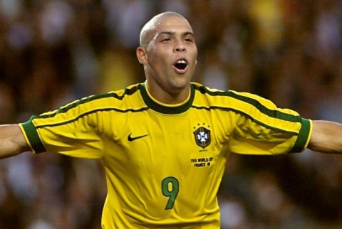 Striking signing: Nike's Ronaldo celebrates after scoring for Nike's Brazil at the 1998 World Cup. 