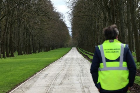 The equestrian warm-up gallop is shaded by trees