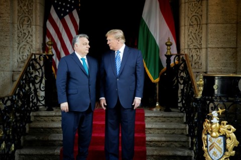 This handout photograph taken and released on March 8, 2024, by the Press Office of the Hungarian Prime Minister, shows Hungarian Prime Minister Viktor Orban (L) and former US President and Republican presidential candidate, Donald Trump in Florida
