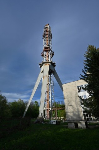 The damaged TV tower that was struck in Kharkiv