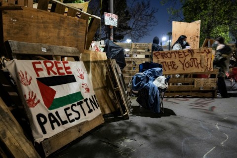 Pro-Palestinian students and activists protest at an encampment on the campus of the University of California, Los Angeles, on May 6, 2024 