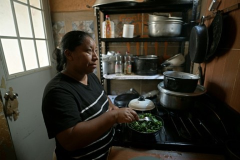Rosalina Gomez, who works as a cleaner at Cancun airport, cooks at her home in the Mexican resort city