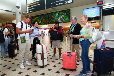 (L-R) Erko Isanovic, Nichole Hatten, Wei Liak, Phil Hatten, and Mary Hatten are seen after disembarking a flight arriving from Noumea at Brisbane International Airport in Brisbane on May 21, 2024