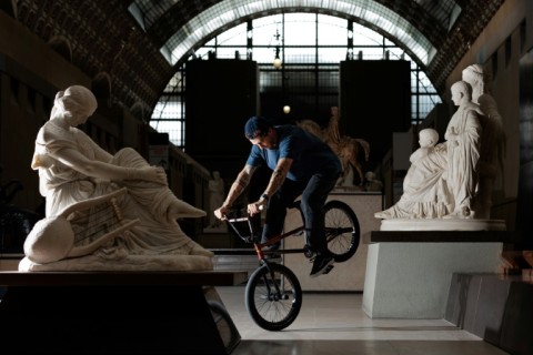 France's BMX rider Mathias Dandois doing his best impression of an artwork in the Musee d’Orsay