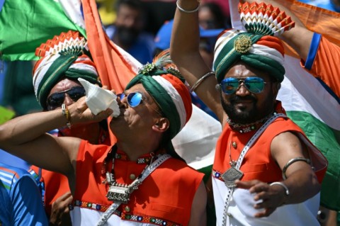India fans celebrating at Sir Vivian Richards Stadium in North Sound, Antigua and Barbuda, on June 22