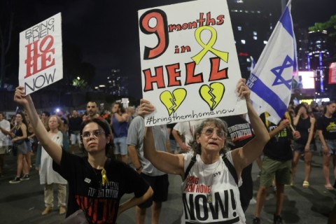 A demonstration by supporters and relatives of Israelis held hostage by Palestinian militants in Gaza, in Tel Aviv on July 6, 2024 