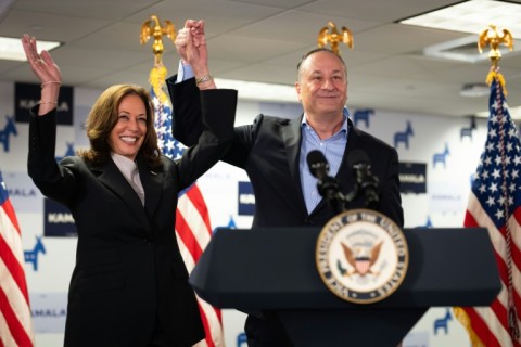 Harris and her husband Doug Emhoff spoke with campaign staff in Wilmington, Delaware after the Democratic infrastructure quickly shifted to support her candidacy following Biden's exit