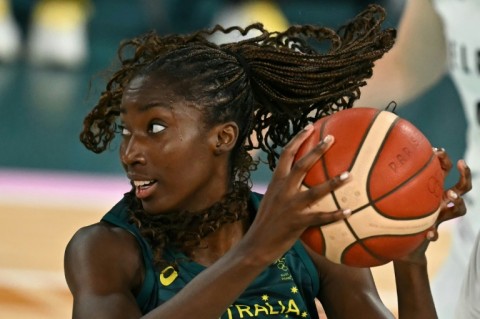 Ezi Magbegor of Australia eyes up a play in the Opals' victory over Belgium for Olympic basketball bronze