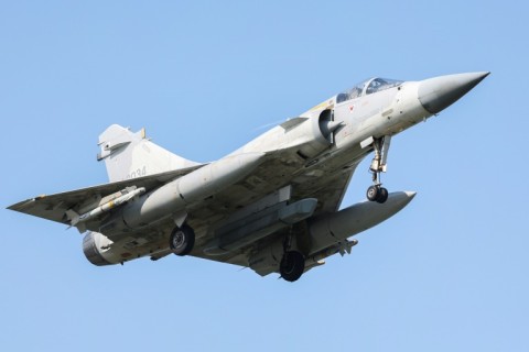 A Taiwanese Air Force Mirage 2000 fighter jet prepares to land at an air force base in Hsinchu on October 14, 2024