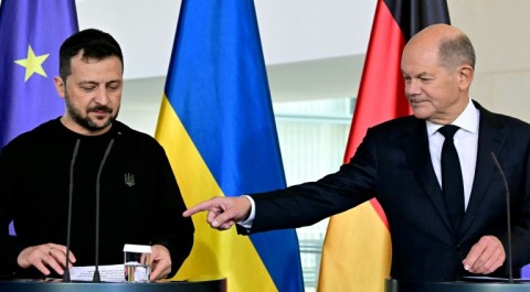 German Chancellor Olaf Scholz and Ukrainian President Volodymyr Zelensky give a joint press conference at the Chancellery in Berlin