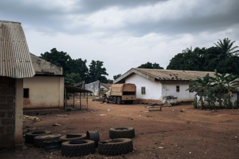 This photograph taken on February 3, 2021 shows a truck of the Russian private military group Wagner in the looted Central African Army (FACA) base of Bangassou, attacked on January 3, 2021 by rebels