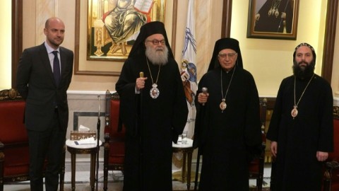 French Foreign Minister Jean-Noel Barrot (centre right), during his visit to Damascus, addresses representatives of Syria's long-repressed civil society
