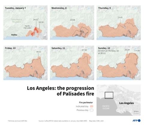 The progression of the Palisades fire in Los Angeles, according to latest data available as of January 14 at 0845 GMT
