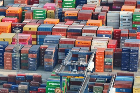 Containers awaiting export at Nanjing port in China's eastern Jiangsu province on February 4