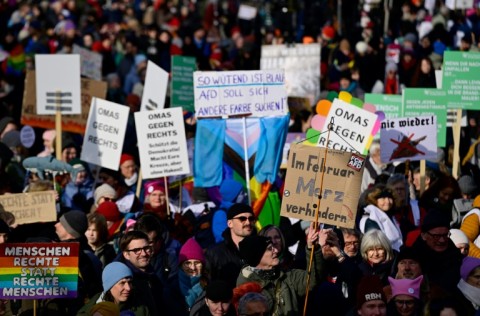 Demonstrators rally against the far right on February 16, 2025 in Berlin, one week ahead of general elections