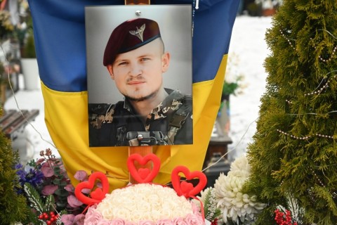 A soldier's grave in Lviv, decorated for Valentine's Day