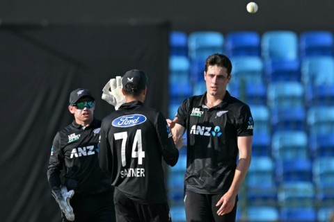 Key strikes: New Zealand's Will O’Rourke (R) celebrates after taking the wicket of Pakistan captain Mohammad Rizwan 