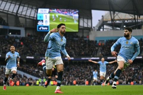 Omar Marmoush (centre) scored a hat-trick in Manchester City's 4-0 win over Newcastle