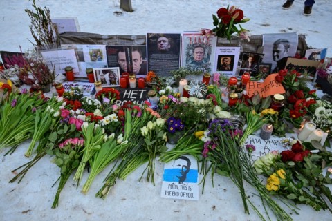 A makeshift memorial for late Russian opposition leader Alexei Navalny outside the Russian Embassy in Berlin