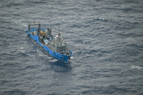 A vessel identified by the Philippine Coast Guard as part of China's unofficial maritime militia is seen near Scarborough Shoal