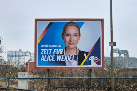 An election campaign poster for Alice Weidel, top candidate of the far-right Alternative for Germany 