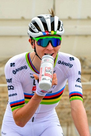 Tadej Pogacar in his distinctive world champion's rainbow jersey