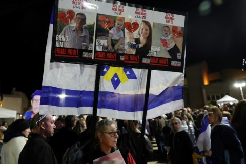 A rally in Tel Aviv in support of the Bibas family and another Israeli hostage, Oded Lifshitz, after militants handed bodies back to Israel