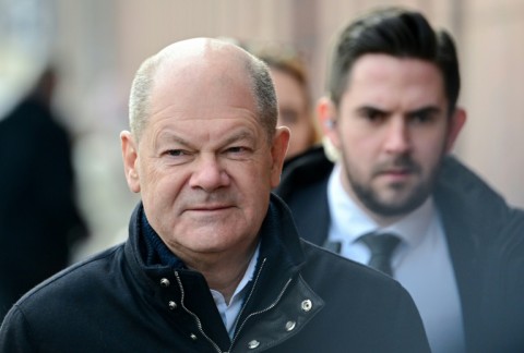 German Chancellor Olaf Scholz arrives at a polling station  in Potsdam near Berlin