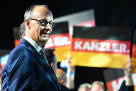 Friedrich Merz, leader of the conservative Christian Democratic Union, at an elction rally in Oberhausen, western Germany, on February 21, 2025