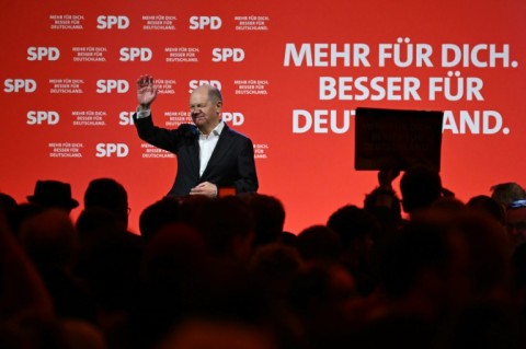 German Chancellor Olaf Scholz speaks during the last electoral rally in the Westfalenhalle in Dortmund, western Germany, on February 21, 2025