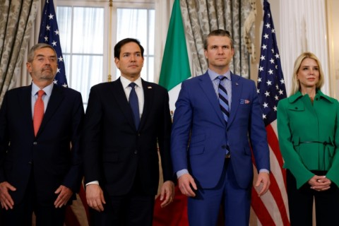 Mexican Secretary of Foreign Affairs Juan Ramon de la Fuente (left) poses with US Secretary of State Marco Rubio, US Secretary of Defense Pete Hegseth and US Attorney General Pam Bondi at the State Department in Washington on February 27, 2025