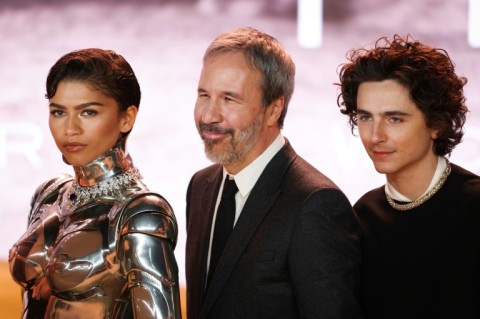 'Dune: Part Two' auteur Denis Villeneuve (C) was snubbed for best director; his film stars Zendaya (L) and Timothee Chalamet (R)
