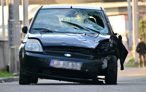 A damaged car is pictured at the site of the car ramming 