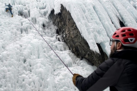 Climbers use ice axes and crampons to get up the frozen routes