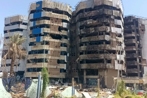 The heavily-damaged Central Bank of Sudan building near the Blue Nile River in Khartoum, after the army reclaimed the nearby presidential palace