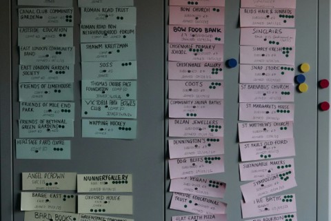 The post-its displayed on a wall at the office in east London of The Slice, local newsletters for Tower Hamlets' boroughs