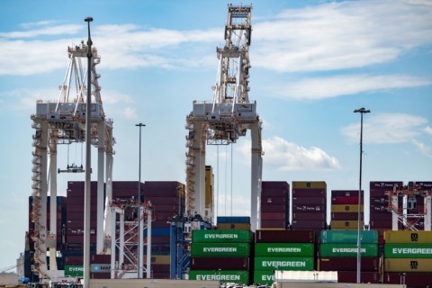 Stacks of shipping containers sit at the Port of Baltimore in Baltimore, Maryland, on March 31, 2025