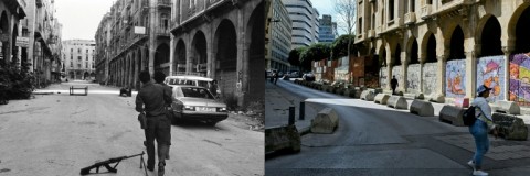 A combination of pictures shows Palestinian fighters (L) walking past the Maarad arcades towards a car parked on the deserted street in downtown Beirut on July 21, 1982 and pedestrians (R) walking in the same area on April 10, 2025