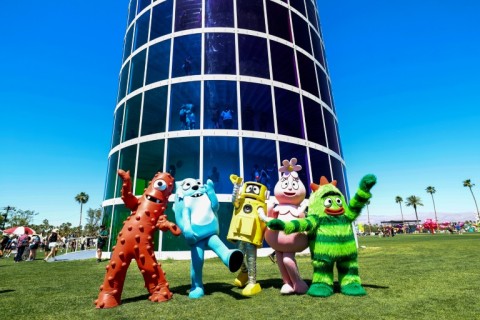 (L/R) Muno, Toodee, Plex, Foofa and Brobee from the children's musical television show "Yo Gabba Gabba!" pose during the 2025 Coachella Valley Music and Arts Festival at Empire Polo Club on April 11, 2025 in Indio, California