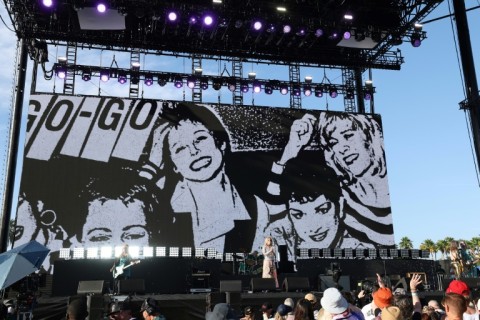 (L/R) US guitarist Charlotte Caffey, US singer-songwriter Belinda Carlisle, US musician Gina Schock, US musicians Kathy Valentine and Jane Wiedlin of legendary rock band The Go-Go's perform at Coachella 2025